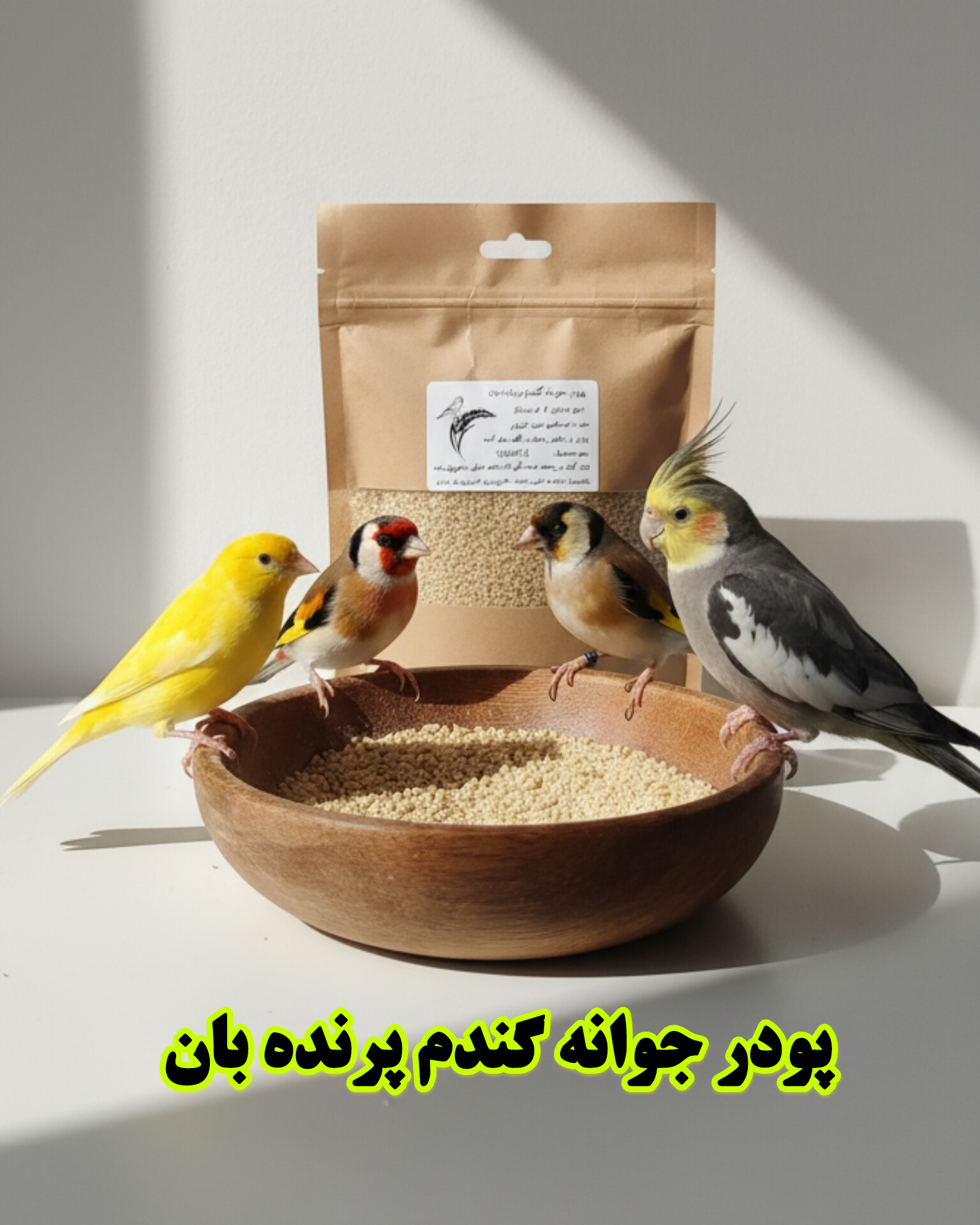 پودر جوانه گندم پرنده‌بان | منبع طبیعی ویتامین‌ها برای پرندگان زینتی